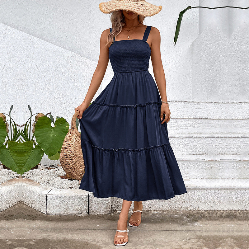 Women's Vintage Backless Sundress – Frill Hem Shirred Summer Dress