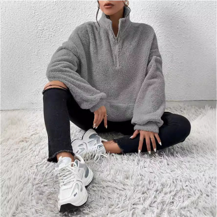 Women's Cozy Fleece Pullover - Stand Collar and Pockets