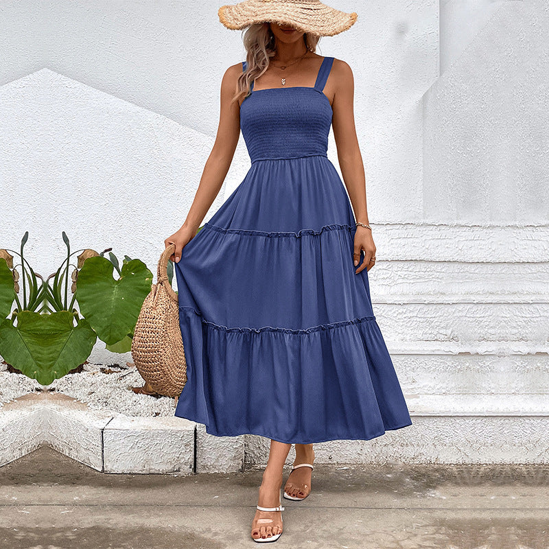 Women's Vintage Backless Sundress – Frill Hem Shirred Summer Dress