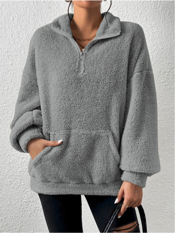 Women's Cozy Fleece Pullover - Stand Collar and Pockets