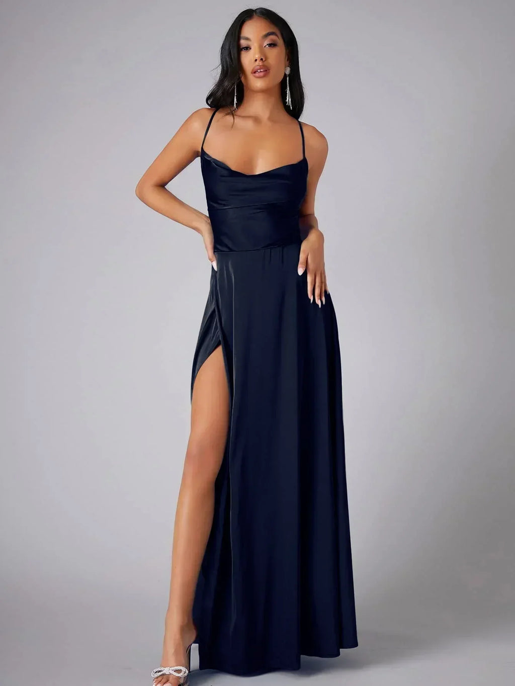 Women's Satin Maxi Evening Dress – High Slit Open Back Formal Dress
