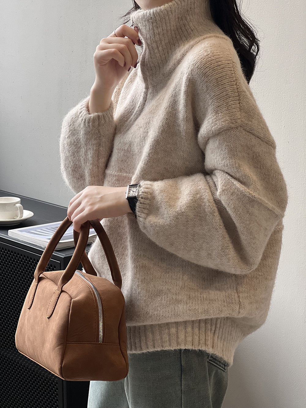 Women’s Half-Zip Stand Collar Sweater – Soft Warm Layer