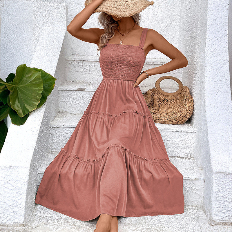 Women's Vintage Backless Sundress – Frill Hem Shirred Summer Dress