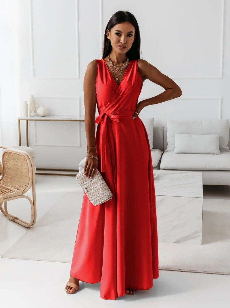 Annabelle Women’s Solid V-Neck Maxi Dress – Elegant Flowy Casual Summer Style