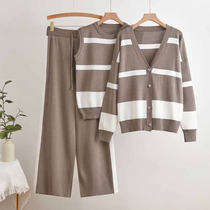 Women’s 3-Piece Knitted Set – Striped Vest Tank Top and Elegant Trousers