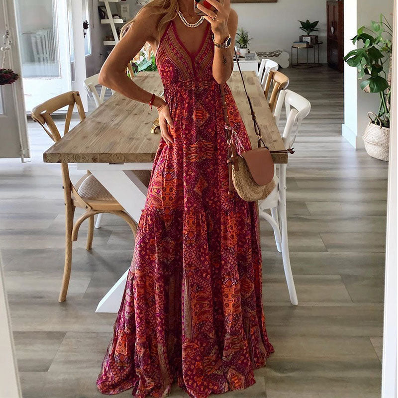 Women's Bohemian Print Maxi Dress – Sleeveless V Neck Summer Dress