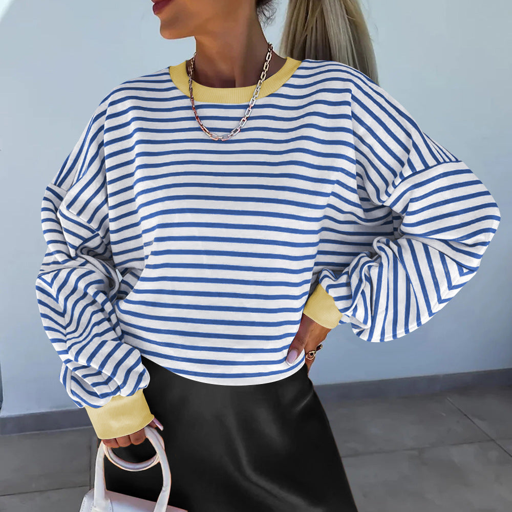 Women’s Striped Boxy Sweatshirt – Casual Contrast Trim Style