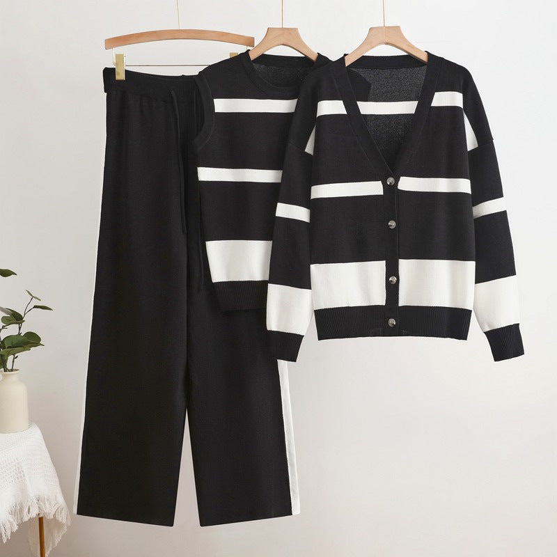 Women’s 3-Piece Knitted Set – Striped Vest Tank Top and Elegant Trousers