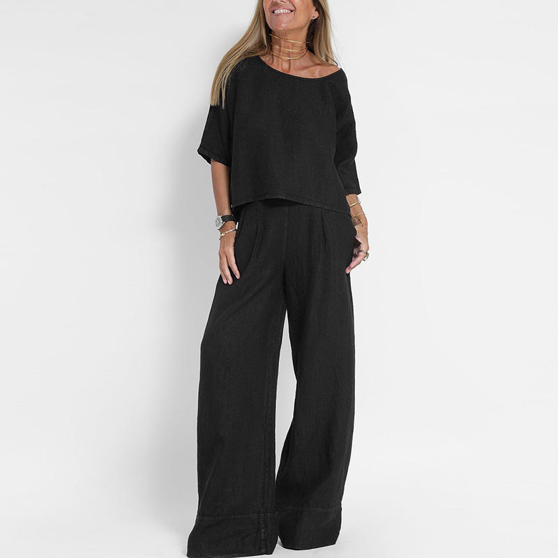 Women's Two Piece Trouser Set – Short Sleeve Top and Wide Leg Pants
