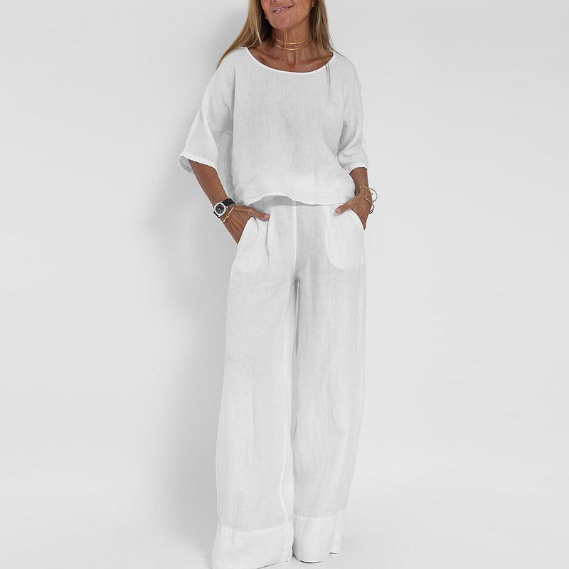 Women's Two Piece Trouser Set – Short Sleeve Top and Wide Leg Pants