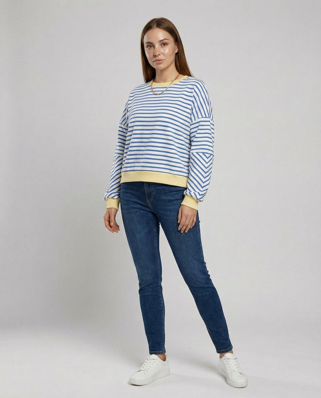 Women’s Striped Boxy Sweatshirt – Casual Contrast Trim Style