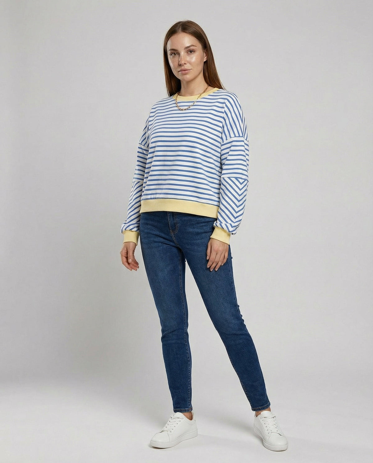 Women’s Striped Boxy Sweatshirt – Casual Contrast Trim Style