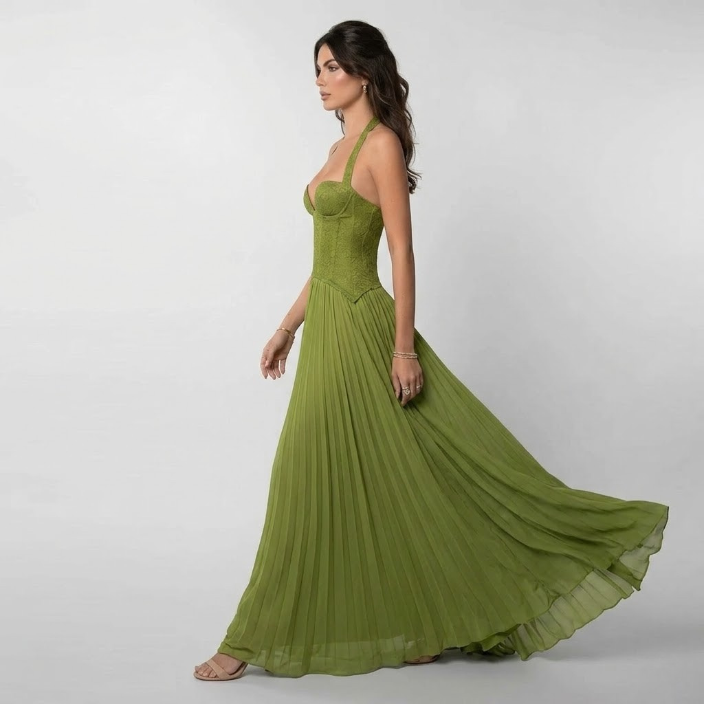 Women's Lace Corset Pleated Maxi Dress – Elegant Party Occasion Dress