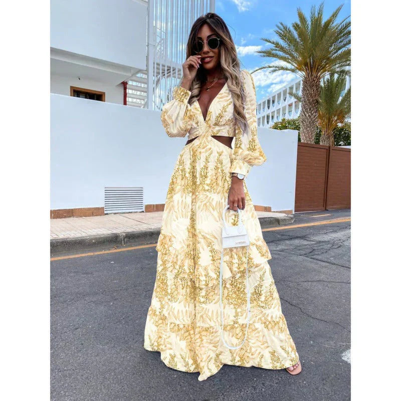 Women's Side Cut Maxi Dress - Long Sleeve Statement Occasion Dress