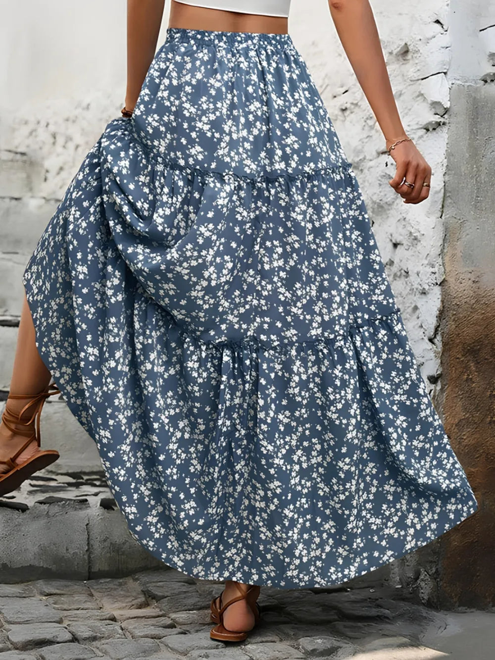 Women's Floral Tiered Maxi Skirt – Boho Lightweight Summer Skirt Flowy Gathered Waist