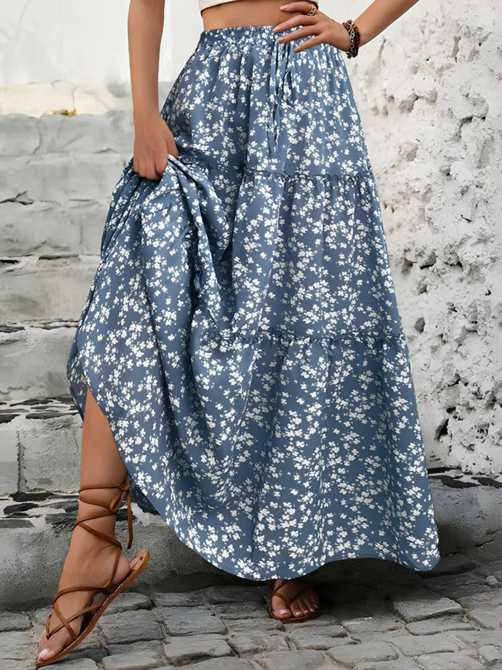 Women's Floral Tiered Maxi Skirt – Boho Lightweight Summer Skirt Flowy Gathered Waist