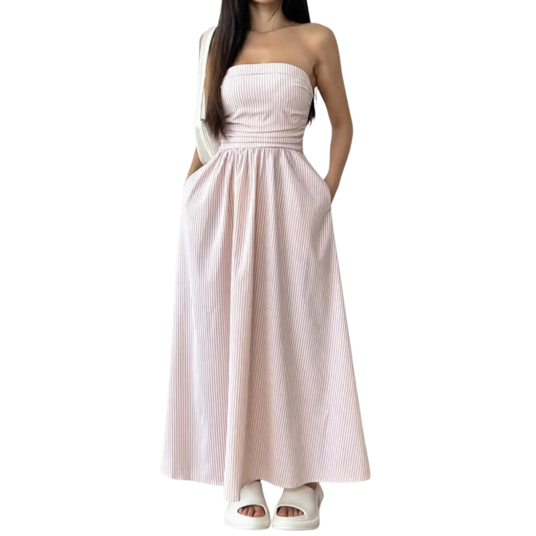 Women's Striped Strapless Maxi Dress with Pockets - Easy Holiday Daywear