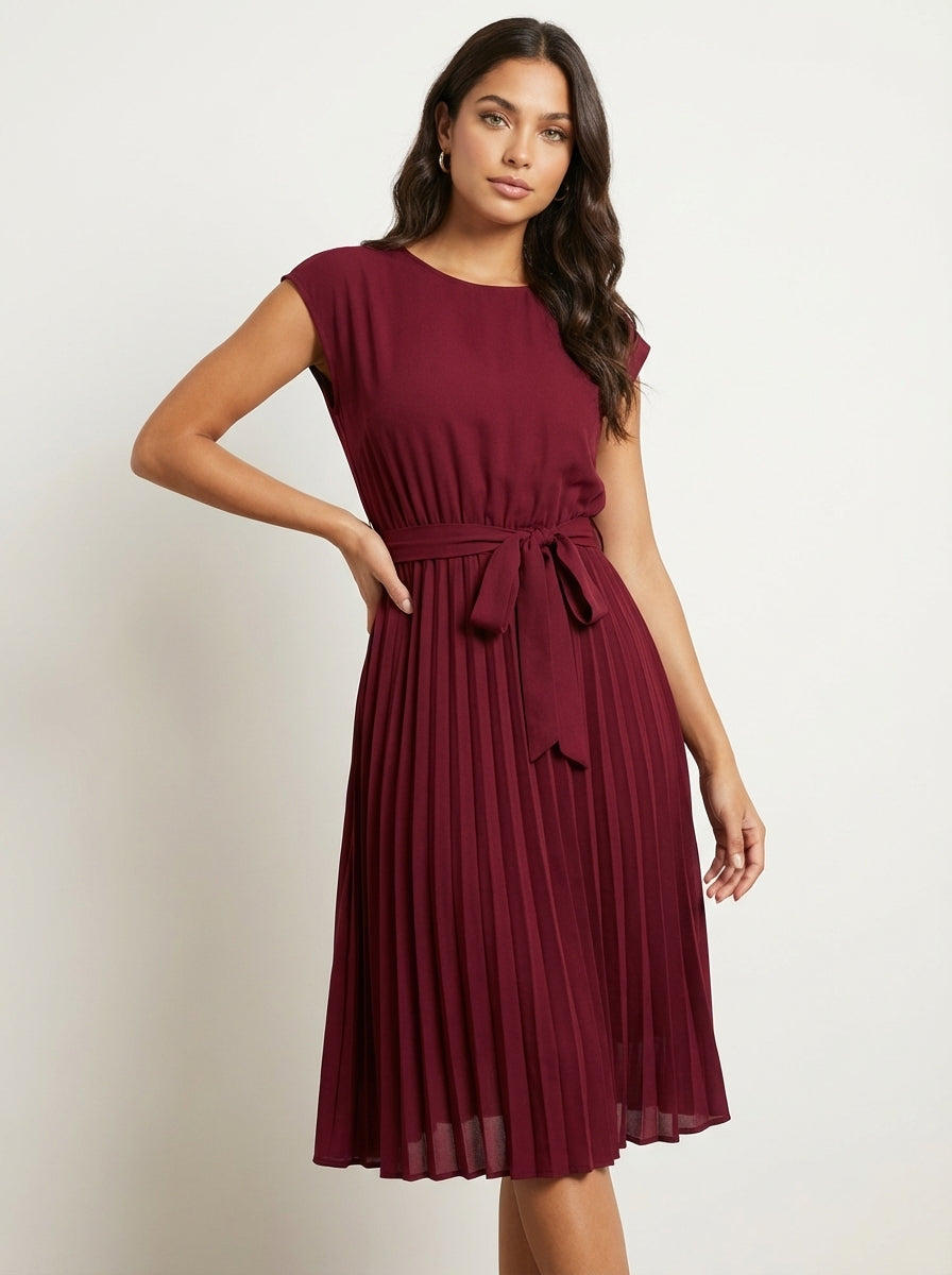 Women's Pleated Midi Dress – Belted Smart Casual Dress