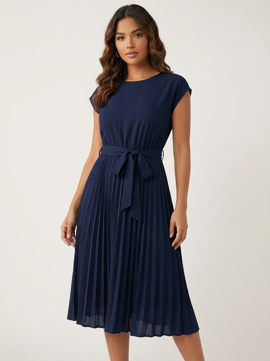 Women's Pleated Midi Dress – Belted Smart Casual Dress
