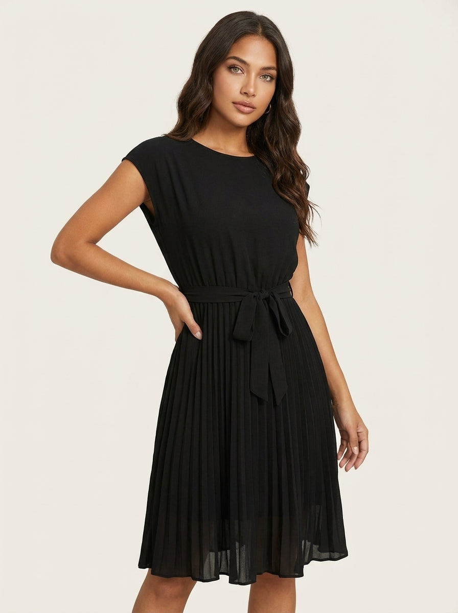 Women's Pleated Midi Dress – Belted Smart Casual Dress – Soft&Sleepy