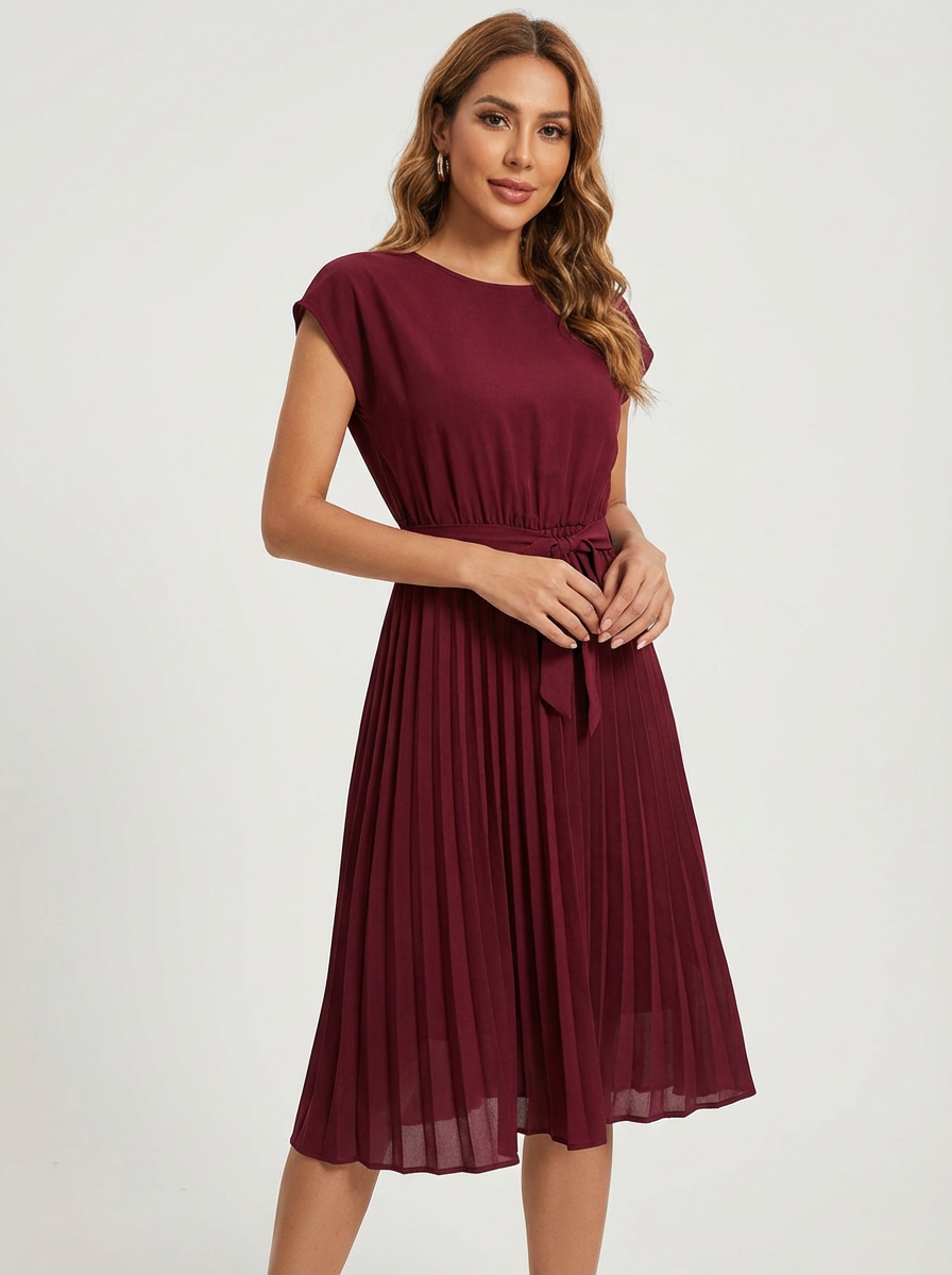 Women's Pleated Midi Dress – Belted Smart Casual Dress