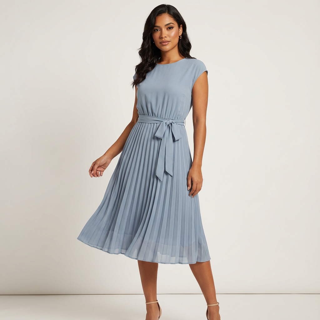 Women's Pleated Midi Dress – Belted Smart Casual Dress