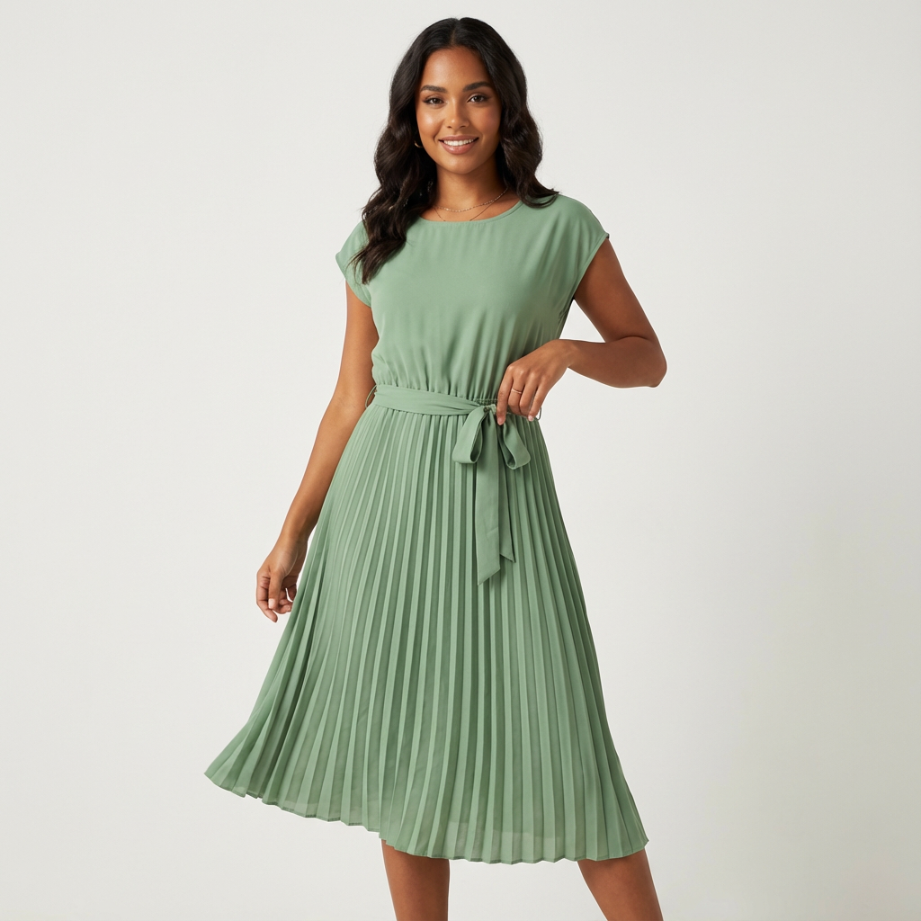 Women's Pleated Midi Dress – Belted Smart Casual Dress