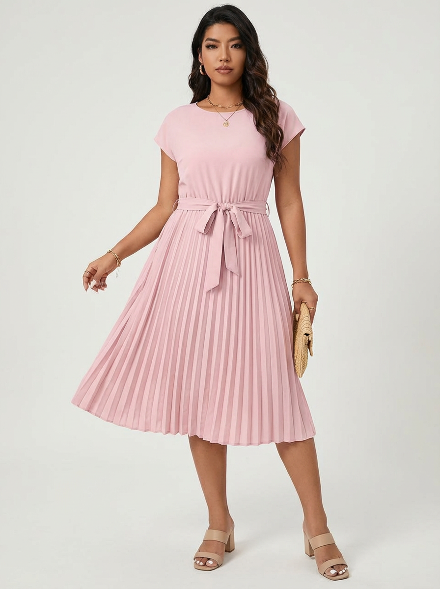 Women's Pleated Midi Dress – Belted Smart Casual Dress