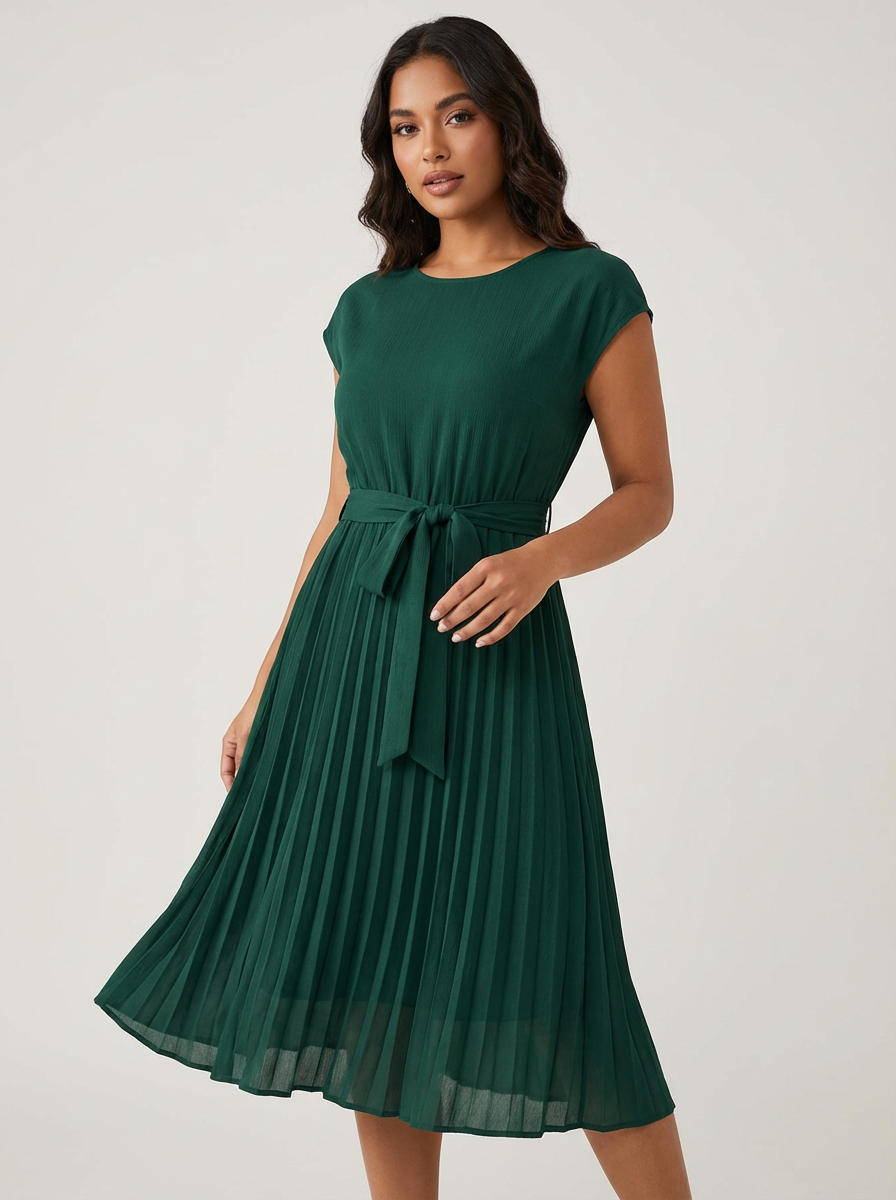 Women's Pleated Midi Dress – Belted Smart Casual Dress