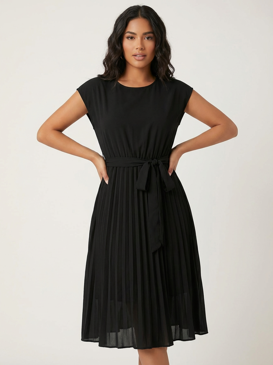 Women's Pleated Midi Dress – Belted Smart Casual Dress