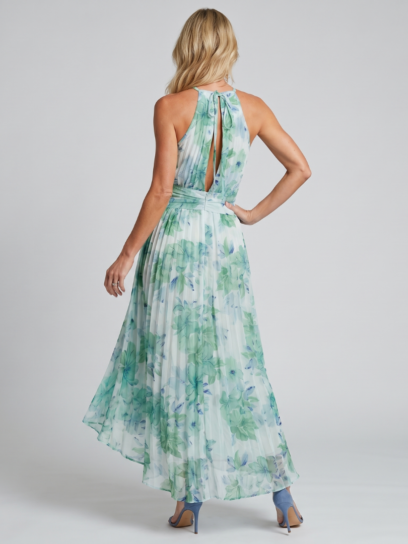 Women's Pleated Halter Soft Floral Pattern Midi Dress - Feminine Occasion Shape