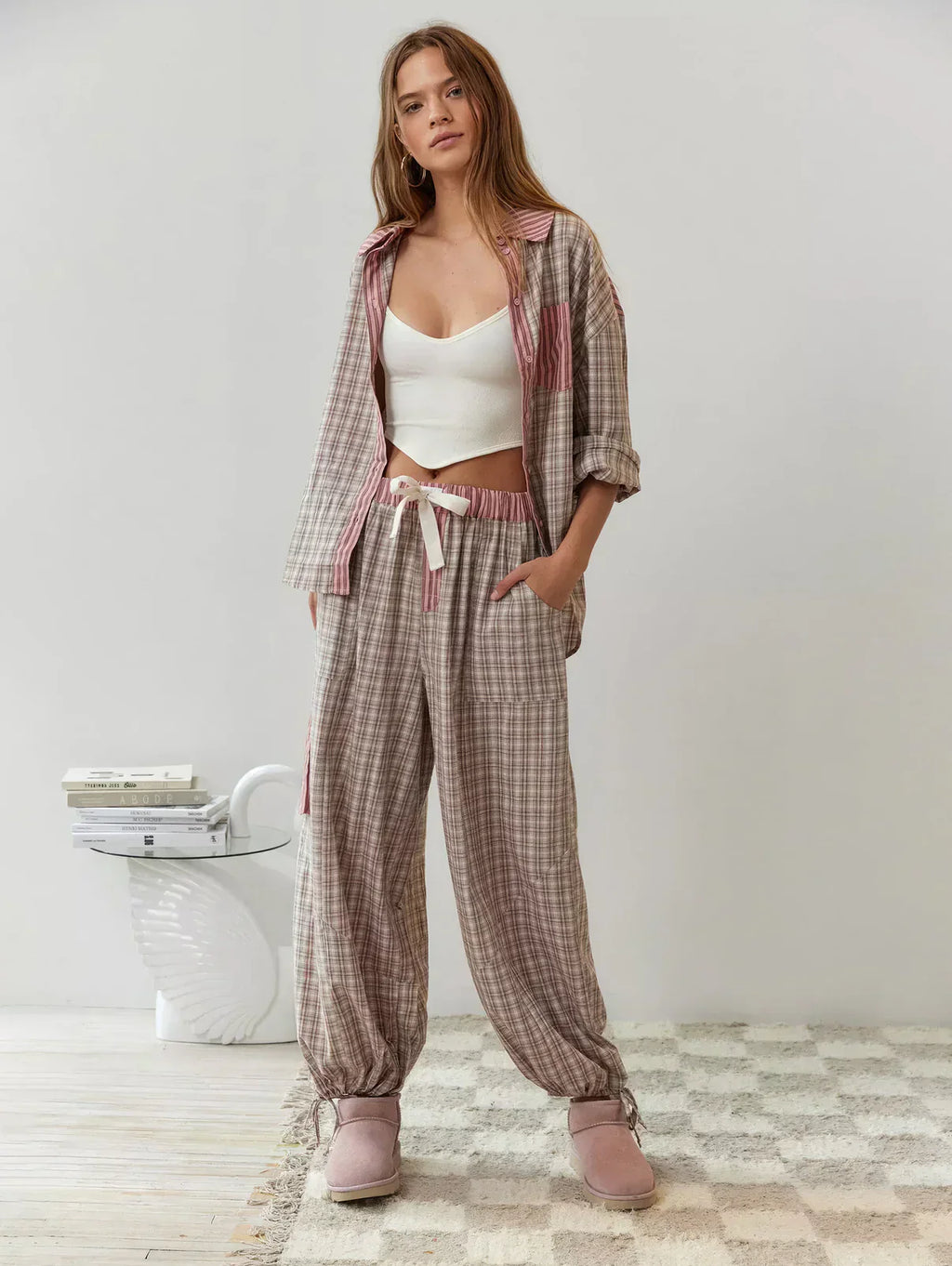 Premium geruite pyjamaset voor dames – Zachte en comfortabele tweedelige nachtkleding