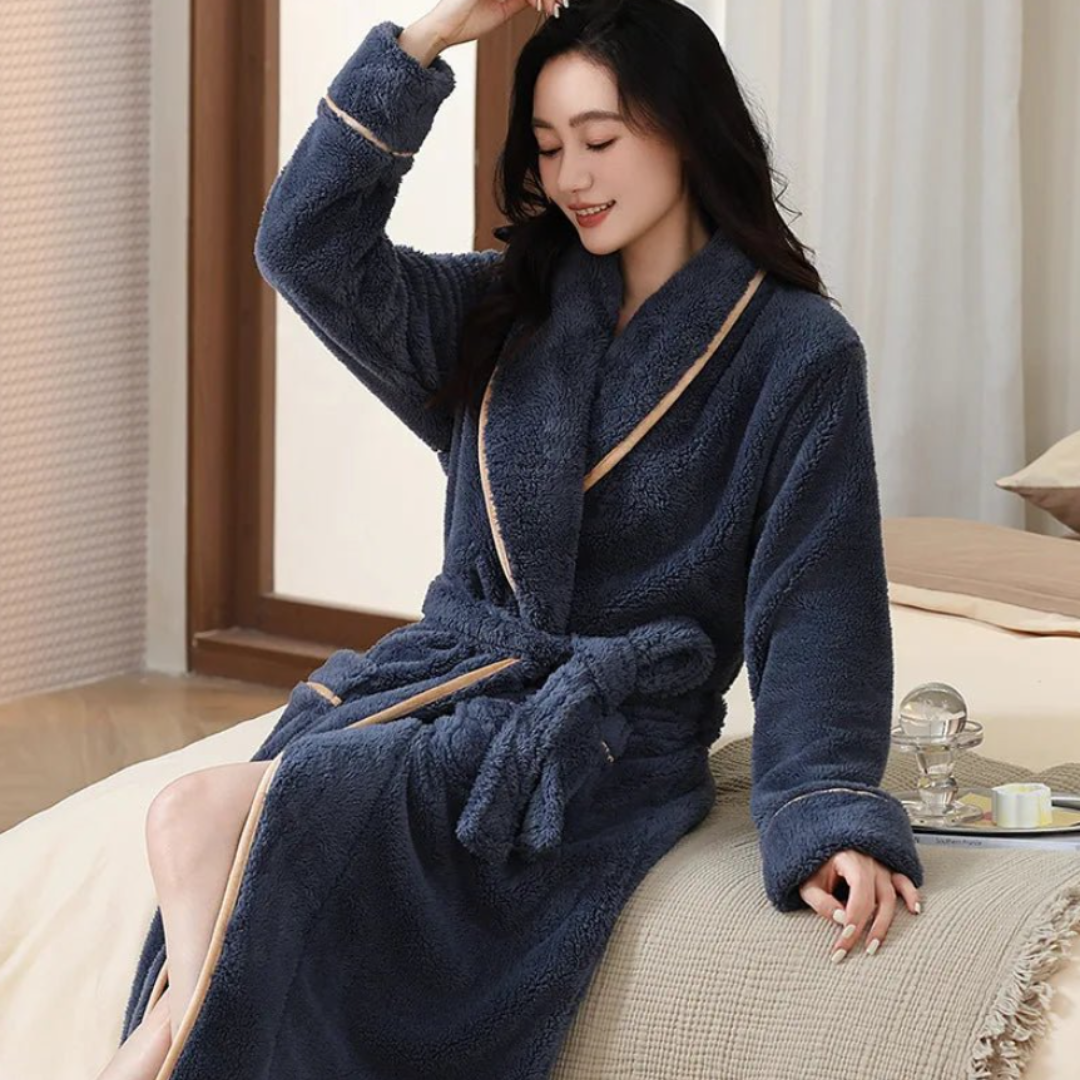 Women’s Long Jacquard Fleece Bathrobe – Thickened Coral Plush Robe with Belt
