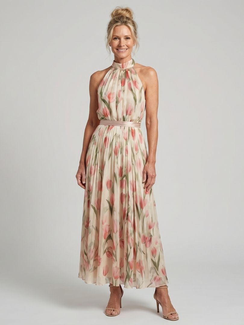 Women's Halter Neck Floral Midi Dress - Light Elegant Summer Style