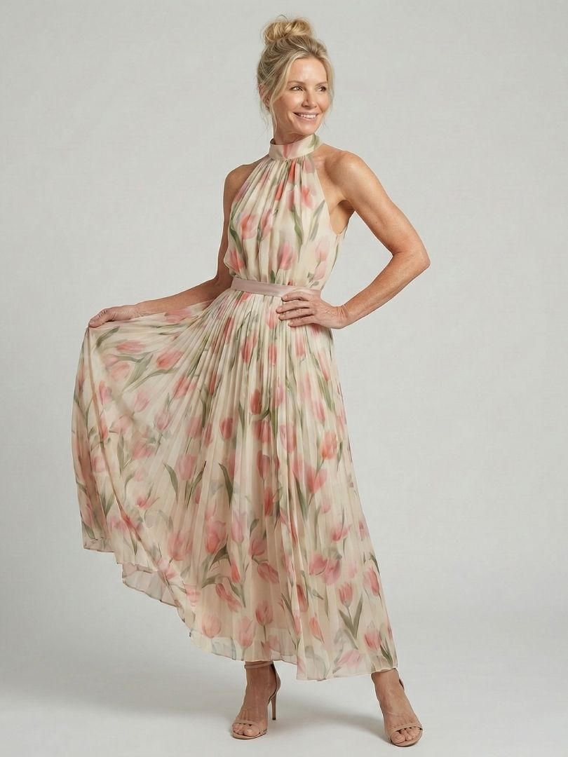 Women's Halter Neck Floral Midi Dress - Light Elegant Summer Style