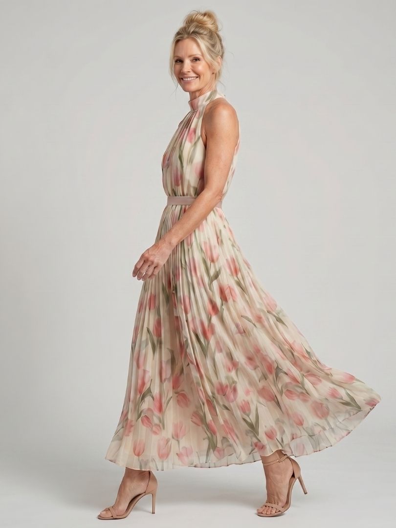 Women's Halter Neck Floral Midi Dress - Light Elegant Summer Style