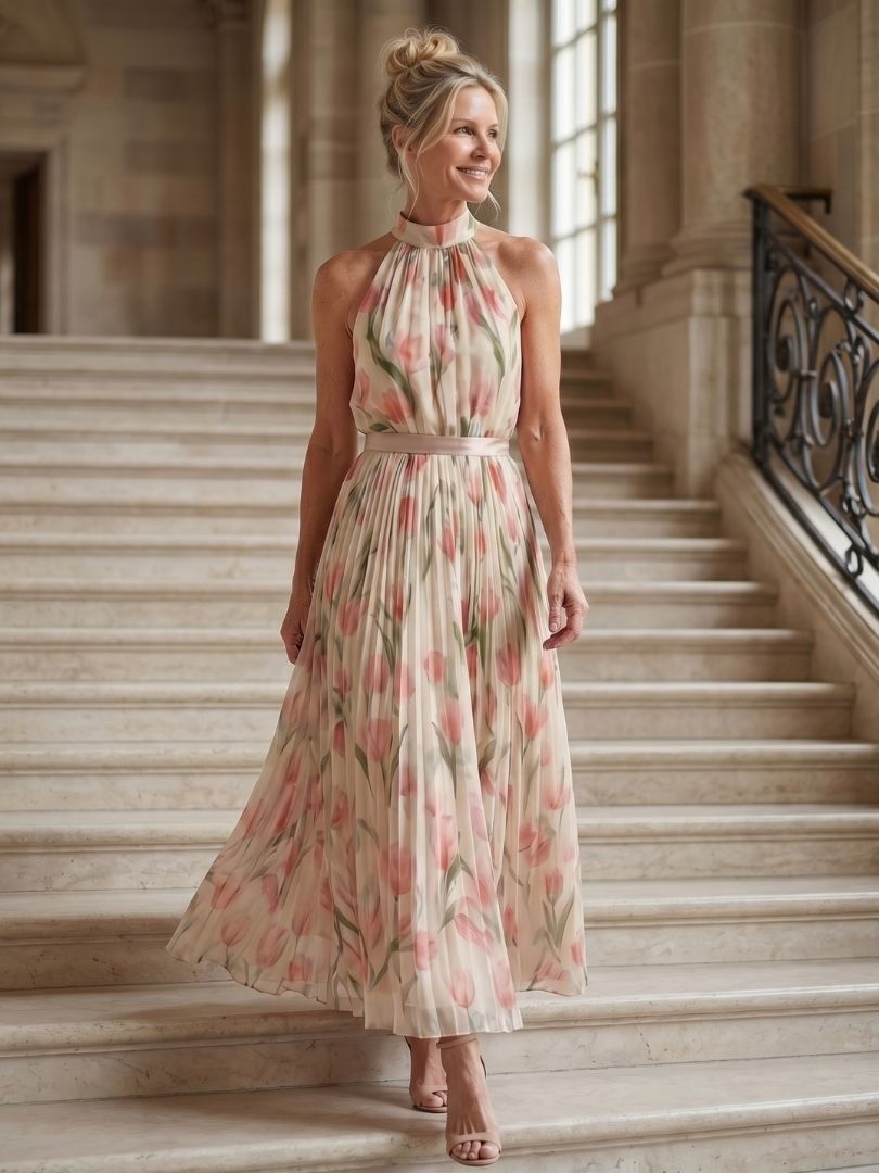 Women's Halter Neck Floral Midi Dress - Light Elegant Summer Style