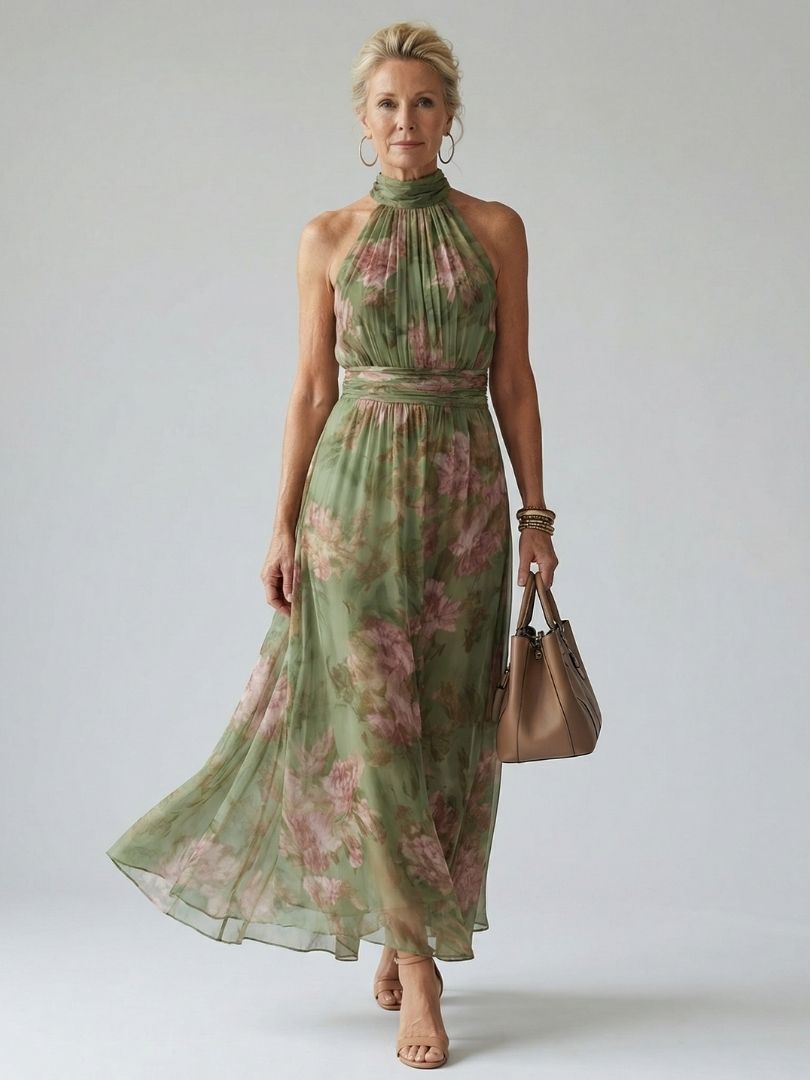 Women's Gathered Halter Midi Dress - Polished Summer Style