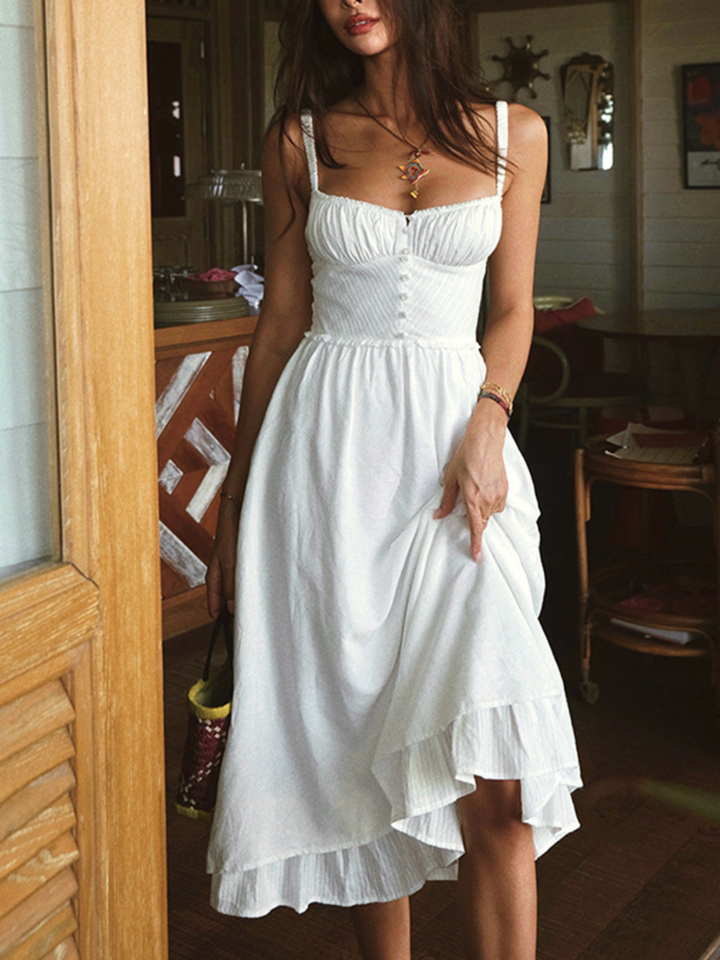 Women's Cotton Midi Summer Dress – Lightweight Sleeveless Ruffle Hem Cami Dress