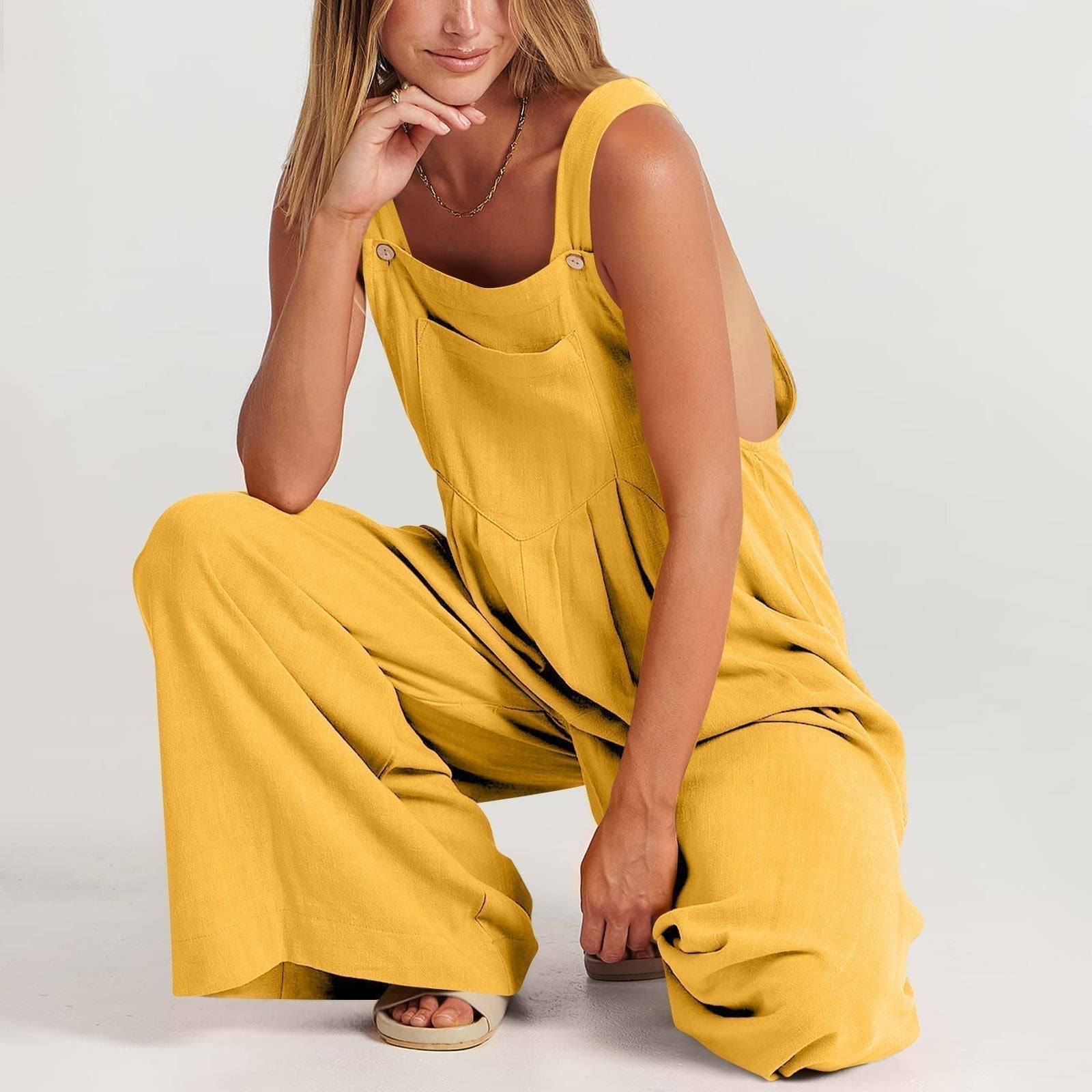 Women's Cotton Blend Dungarees - Casual Wide Leg Everyday Outfit