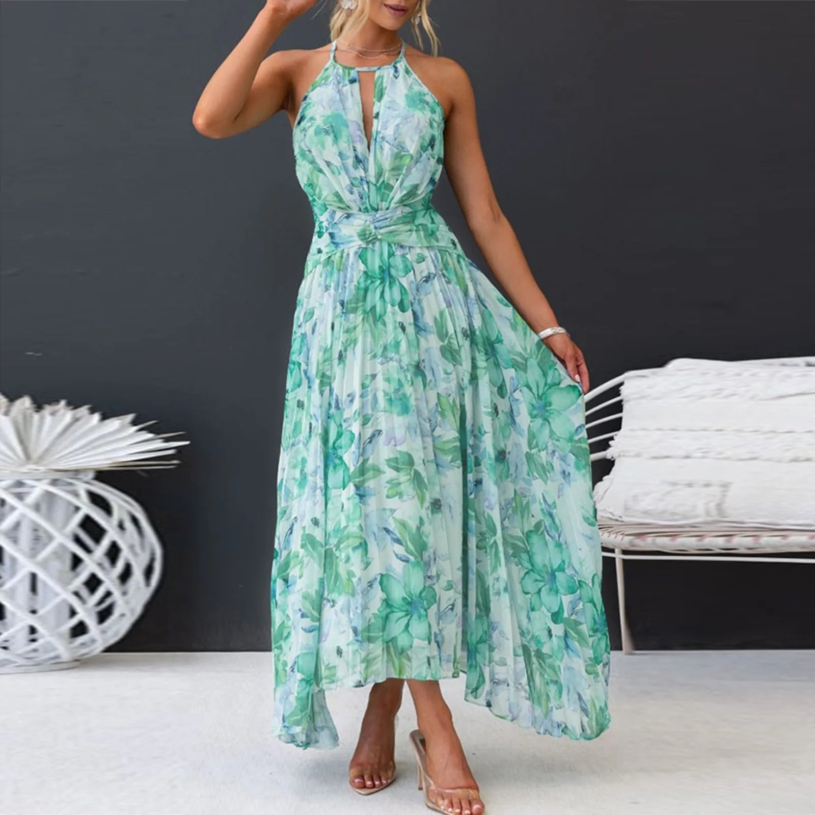 Women's Floral Maxi Dress - Halter Neck Boho Summer Occasion Dress