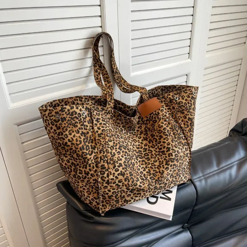Women’s Leopard Print Canvas Tote Bag – Large Capacity Everyday Handbag