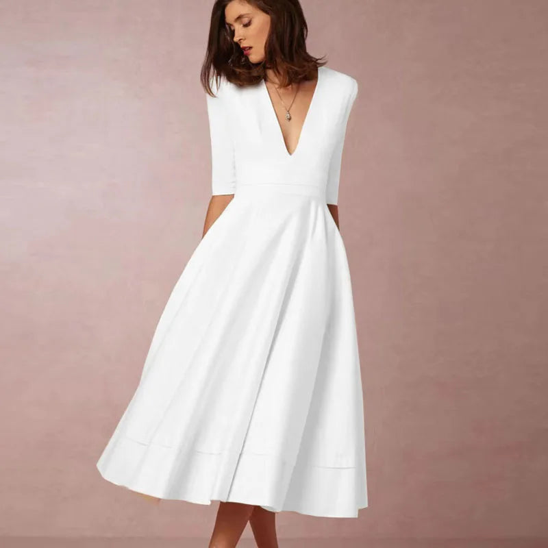 Women's Vintage 60s A-Line Swing Dress – Flared Skirt Autumn Midi Dress
