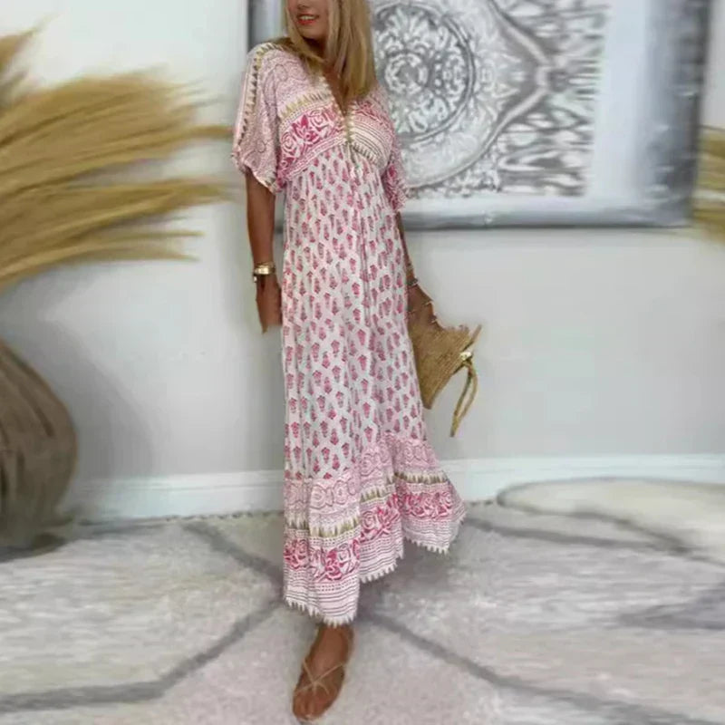Women's Boho Print Maxi Dress - Loose V-Neck Short Sleeve Summer Dress