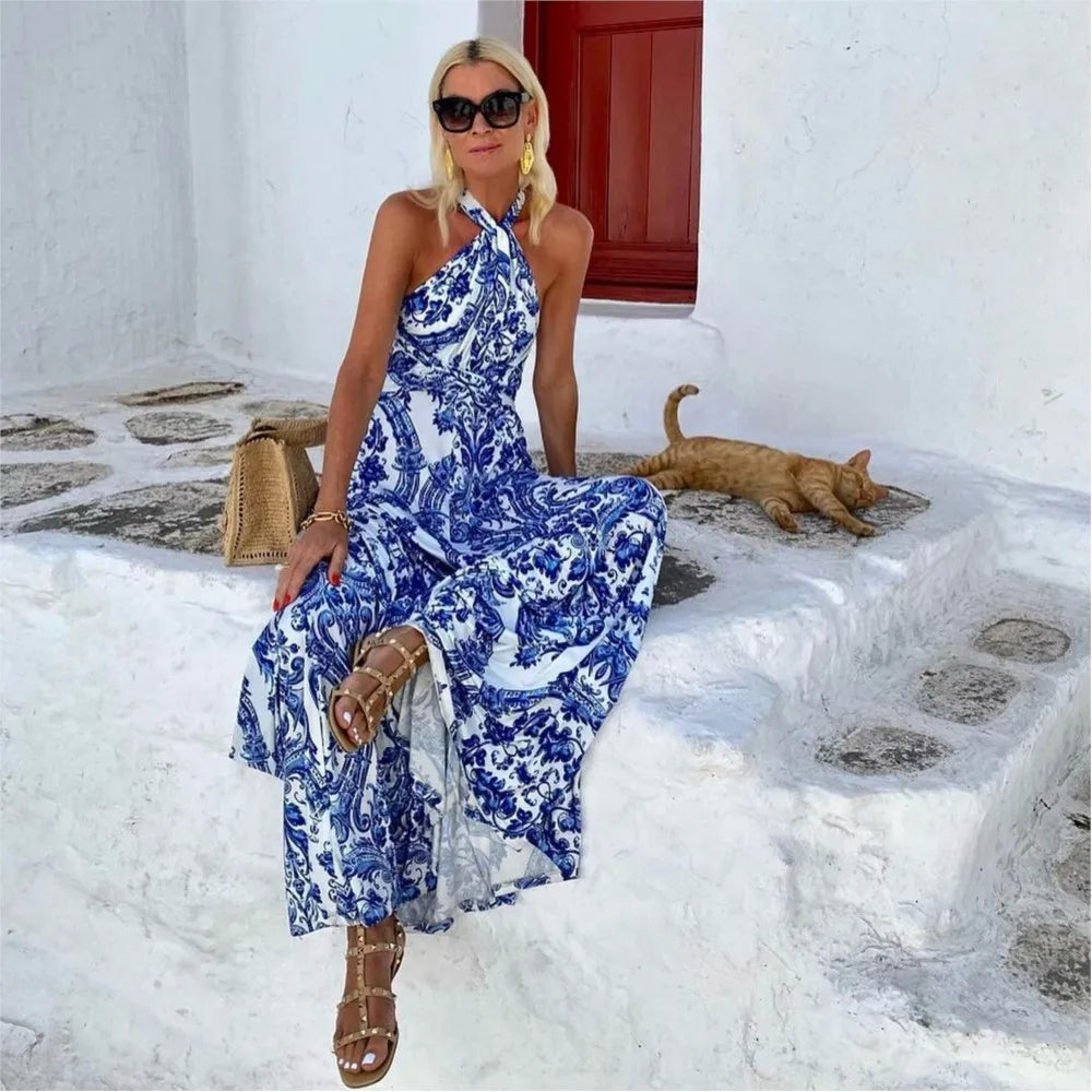 Women's Halter Neck Maxi Dress - Elegant Summer Occasion Dress