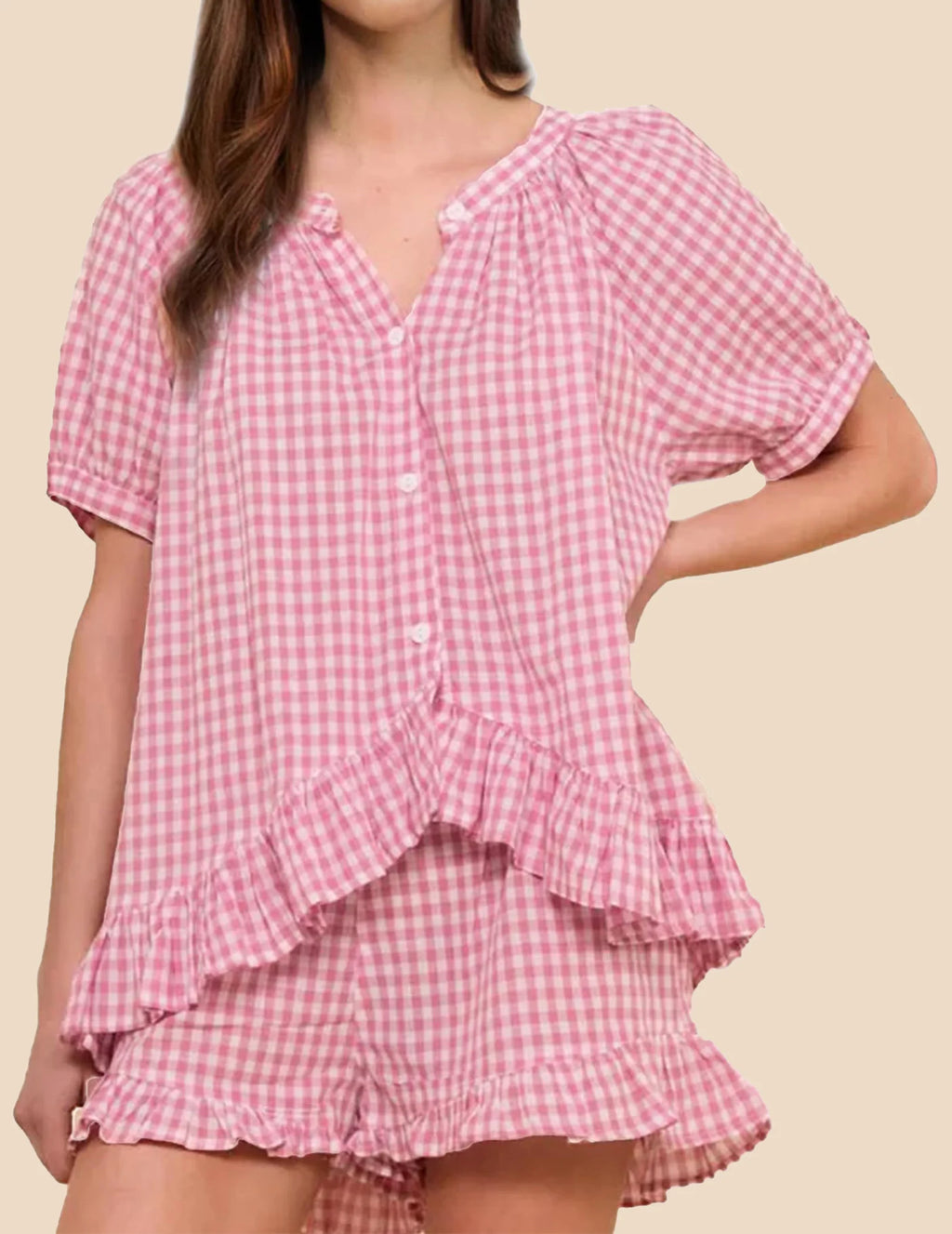 Women’s 2-Piece Ruffle Sleepwear Set – Short-Sleeve Button-Up Plaid Loungewear