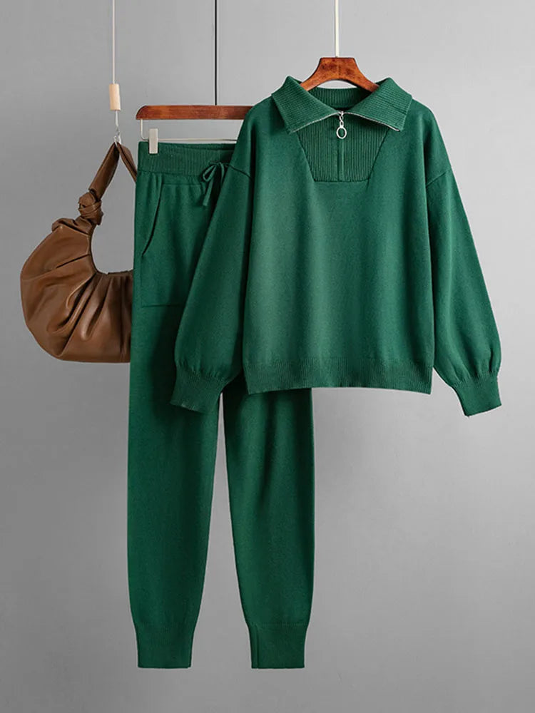 Women’s Zip-Up Knit Loungewear Set – Cozy Sweater & Slim Jogger Pants