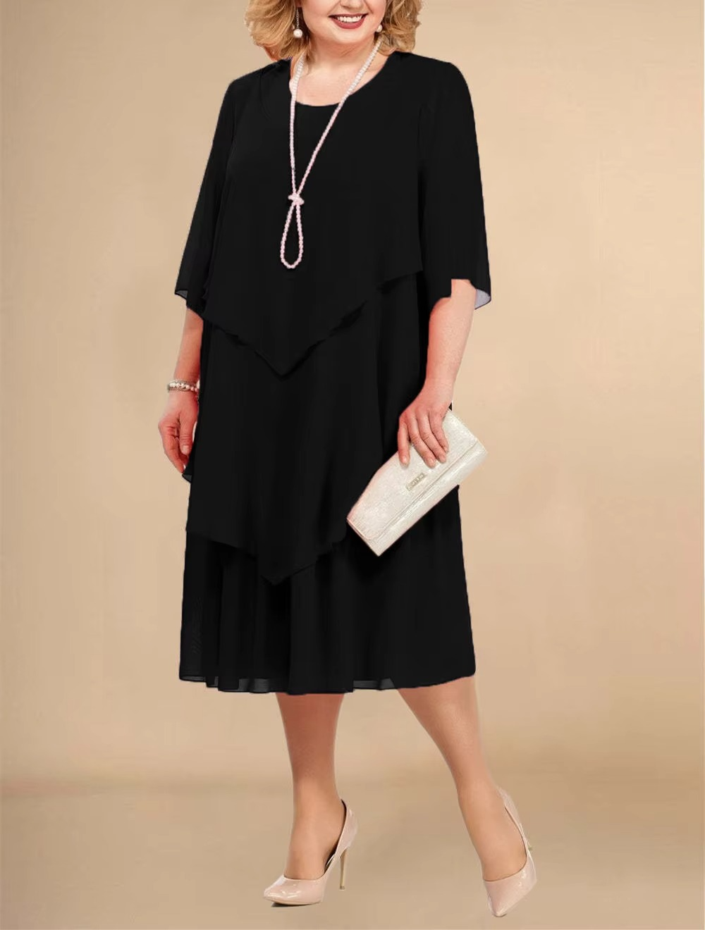 Women's Layered Chiffon Midi Dress – Elegant Flowy Occasion Dress