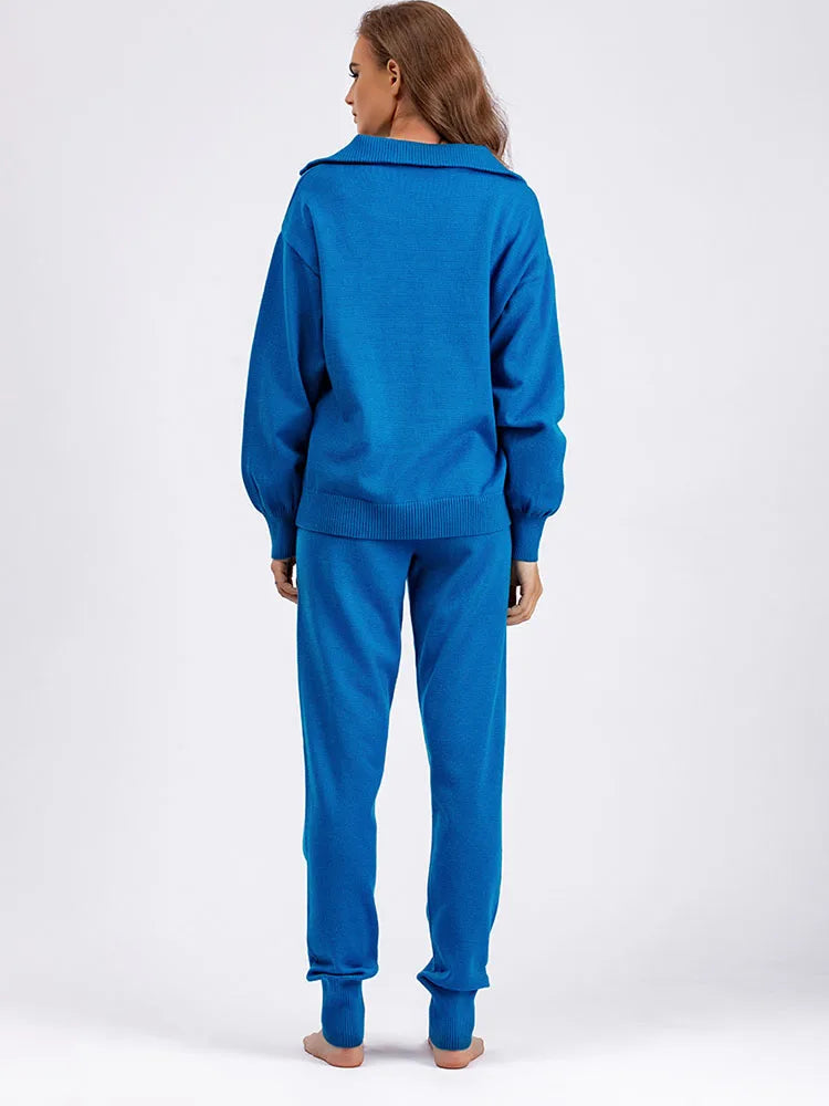 Women’s Zip-Up Knit Loungewear Set – Cozy Sweater & Slim Jogger Pants