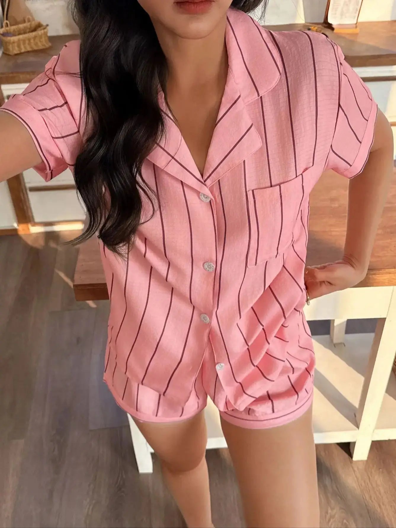 Women’s Black Striped Two-Piece Pajama Set – Short-Sleeve Top with Pockets and Shorts